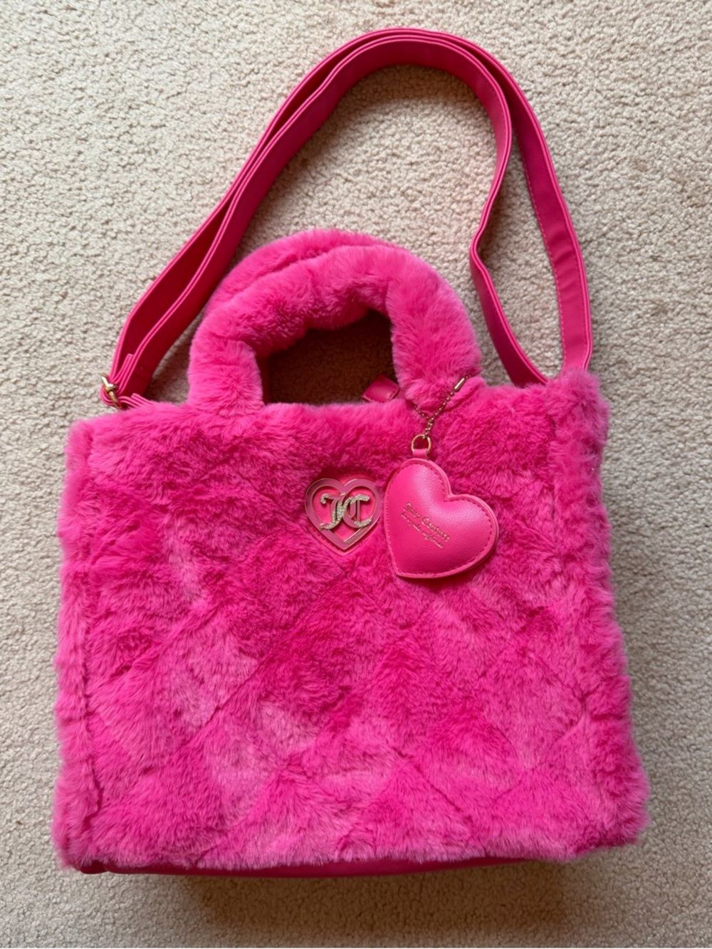 Juicy Couture Bright Pink Faux-Fur Tote with Heart Charm